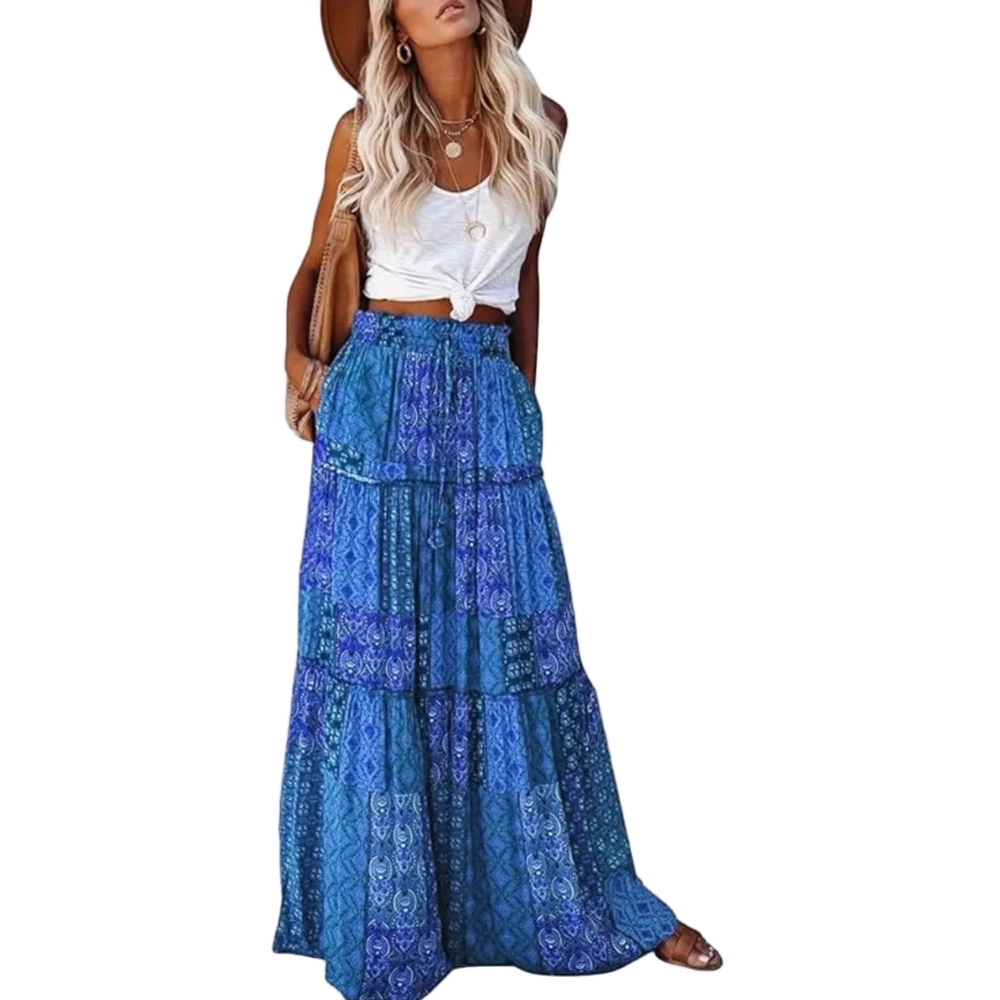 Maxi Skirt Blue 70s Style Patchwork Print Flowy Boho Long Skirts Hippie Skirts - Picture 3 of 9
